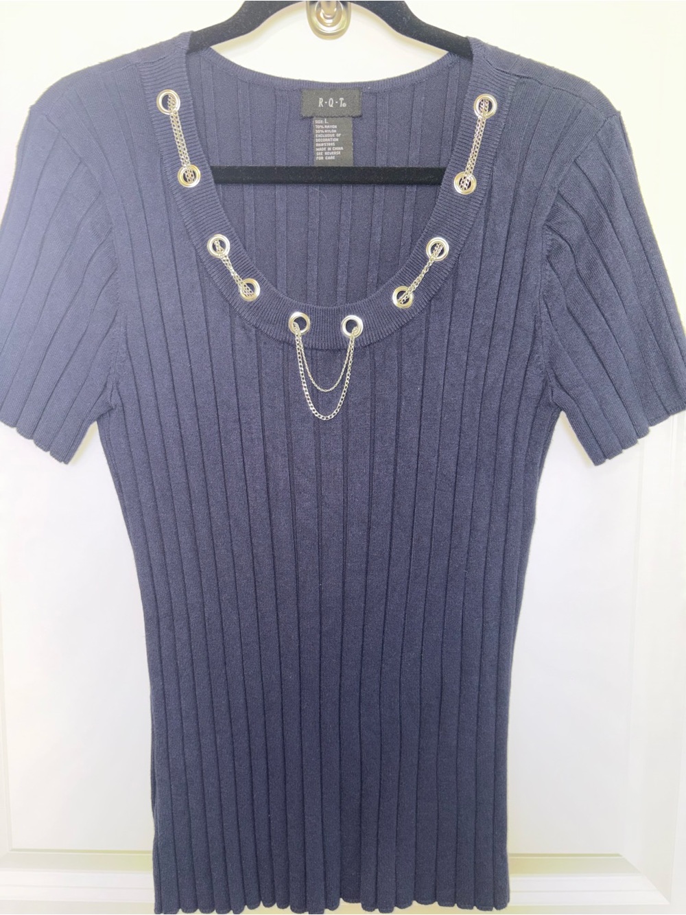 R.O.C. Navy Ribbed Necklace-Trim Short Sleeve Top with Silver Chain Detail